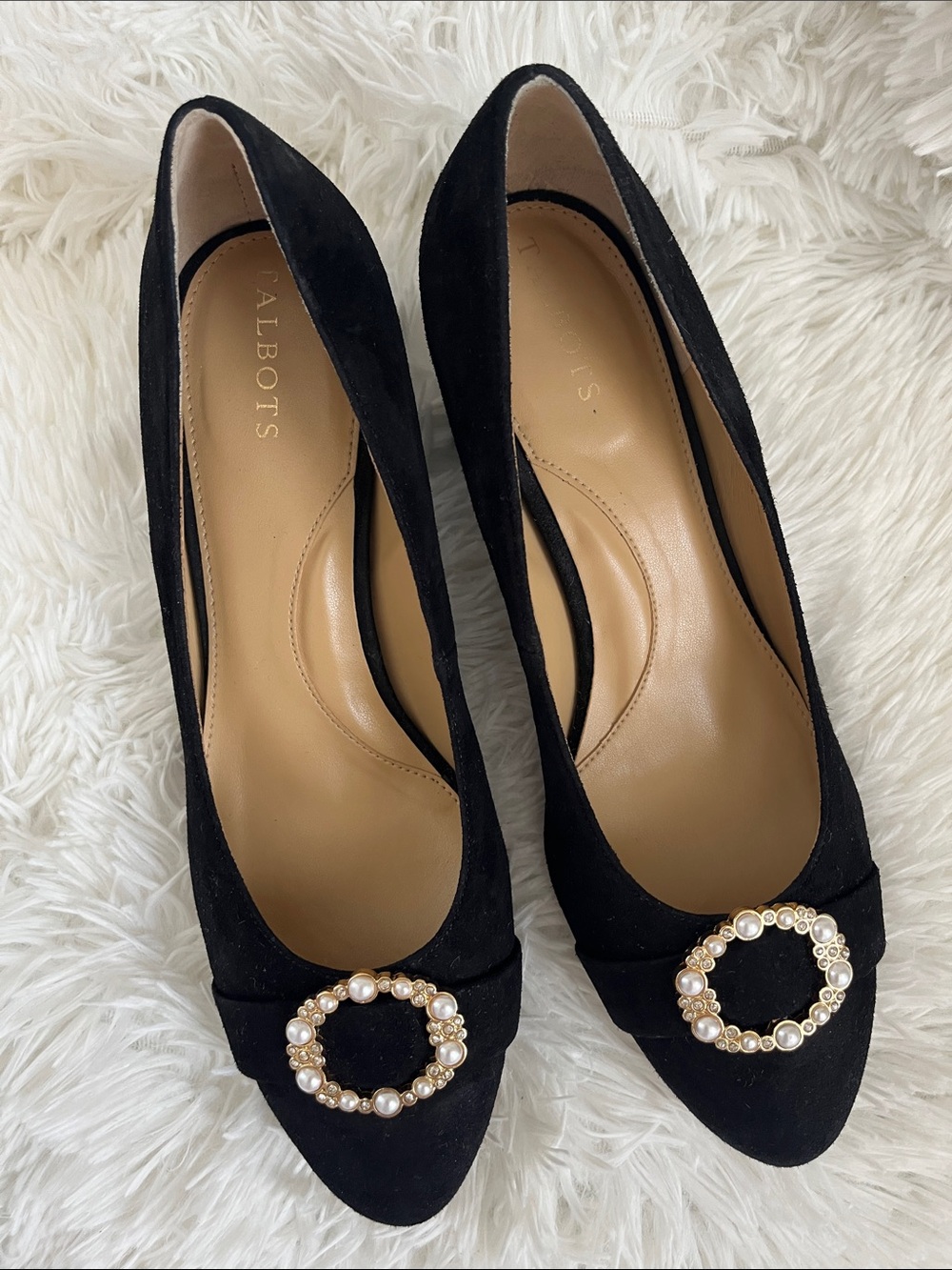 Talbots Black Suede Pearl-Accent Pointed-Toe Pumps